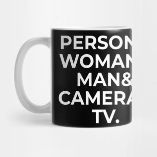 person woman man camera tv Mug